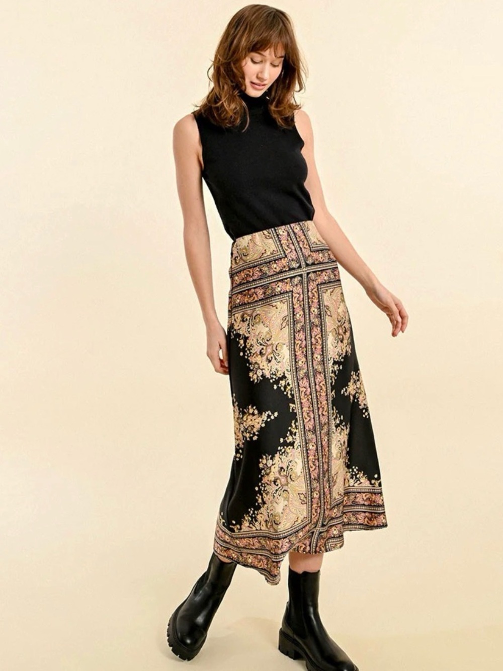 Molly Bracken Black Midi Skirt with Gold Paisley Print